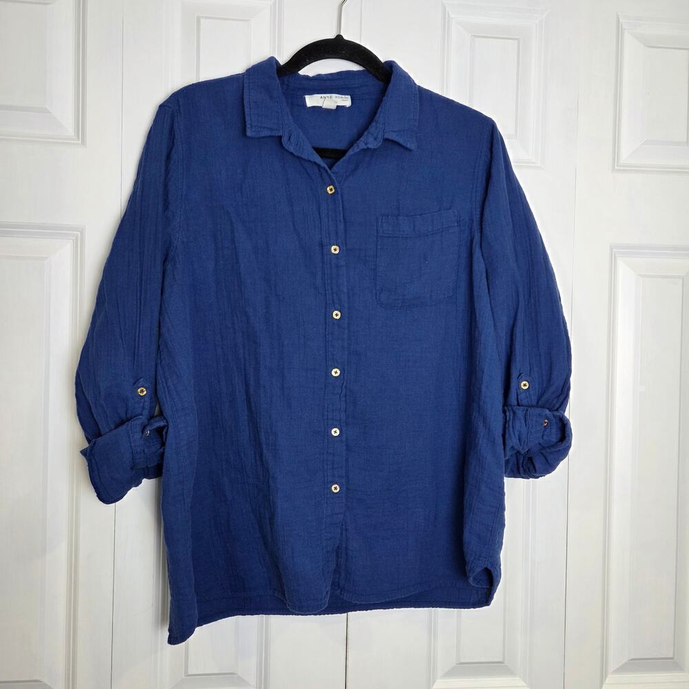 Anne Klein Jeans Womens Gauze Button Up Shirt Estate Blue Large